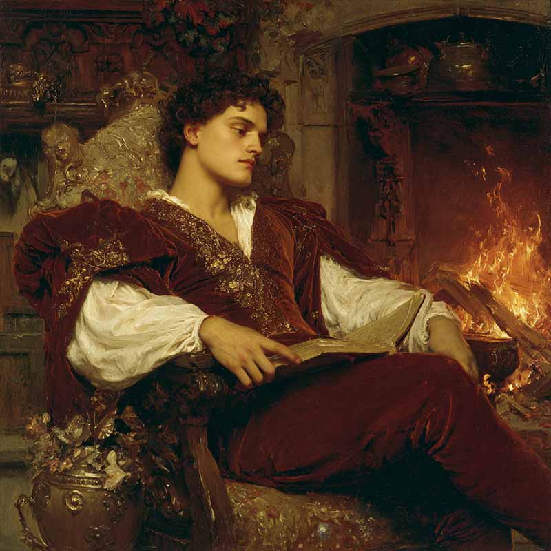 Romeo sitting by fire
