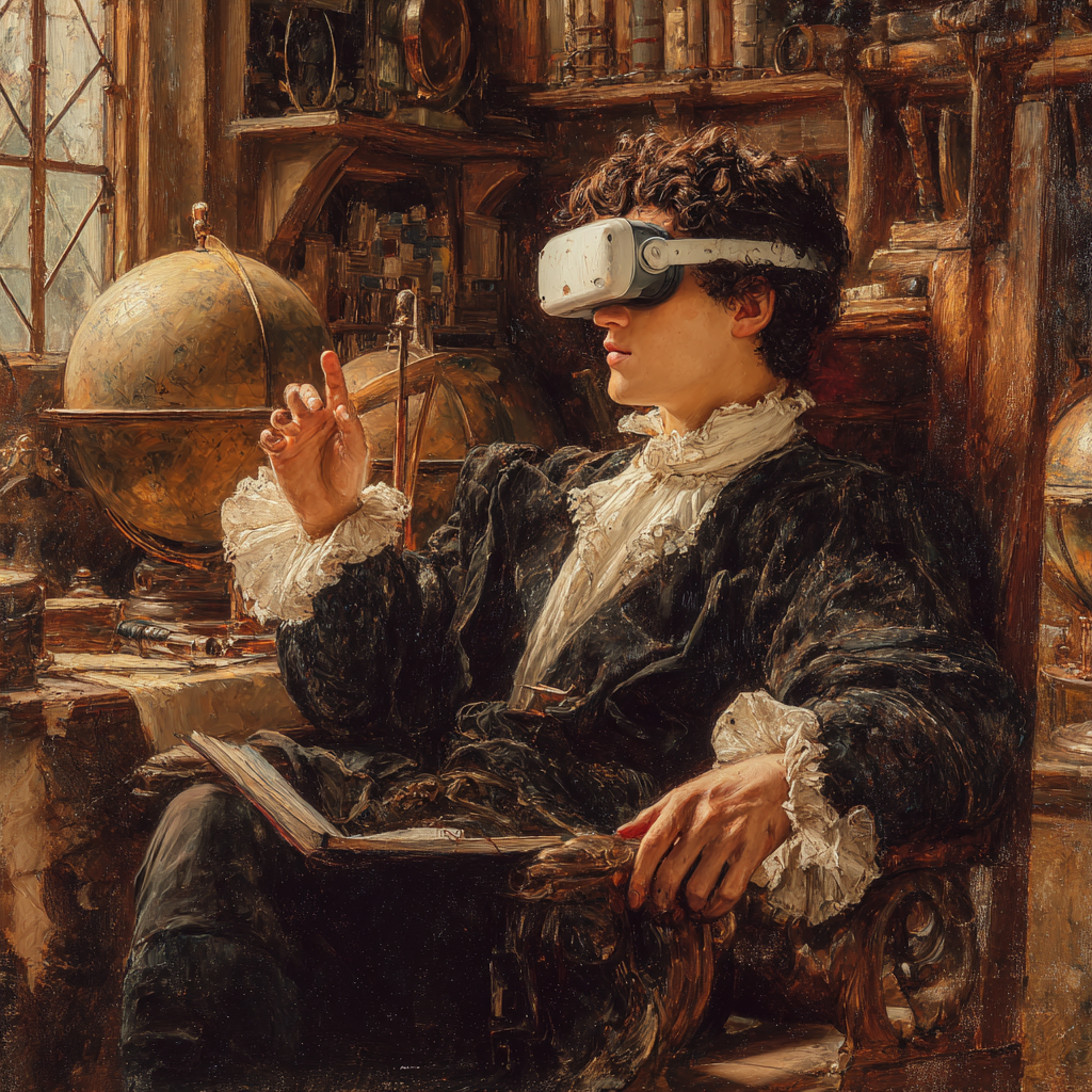 Person in historical attire using VR goggles in a room filled with books and globes.